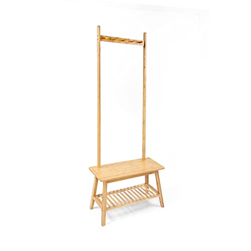 Cherbowing Garderobenständer mit Kleiderstange, Ablagen und Haken, Bambus H170 cm für Flur, Diele, Wohnzimmer, Gästezimmer Kleiderständer aus Bambus, freistehende Garderobe mit Bank Cover