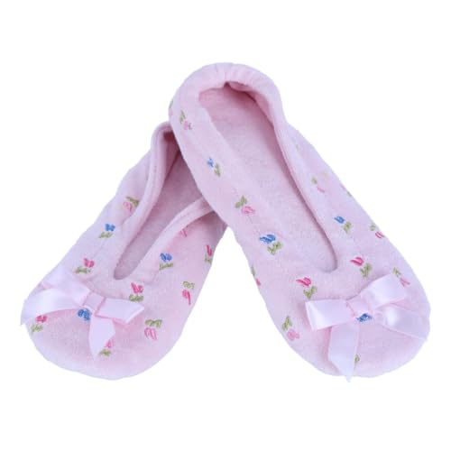 CTM Women's Floral Embroidered Terry Ballerina Slipper House Shoe2