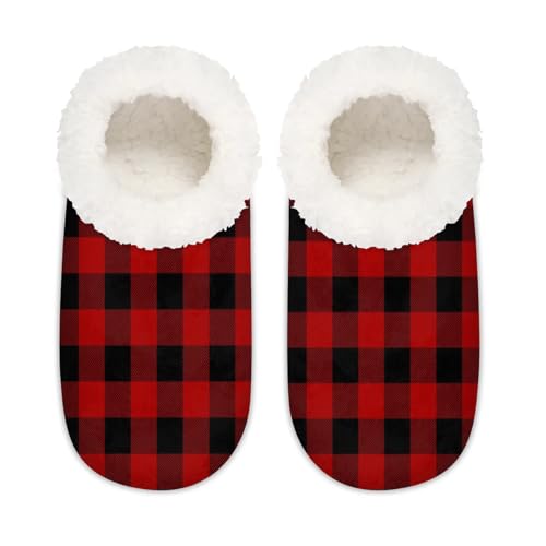 Buffalo Plaid Women's Slippers Socks Cozy Fuzzy Sherpa House Shoes Winter House Bedroom Slippers Red and Black Buffalo Checkered2