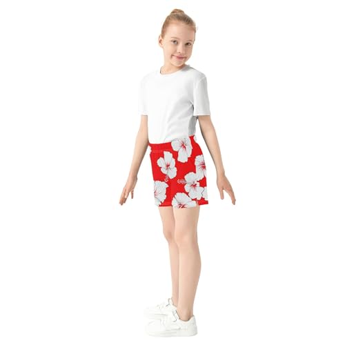 Girls Athletic Shorts Floral White Hibiscus Flowers Red Cute Casual Summer Clothing with Pockets Customized, X-Small4