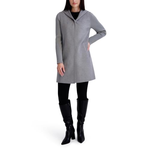 Kenneth Cole Women's Hooded Double Face Wool with Hidden Snap Closure and Rib Knit Sleeve Coat, Lt Grey, Medium