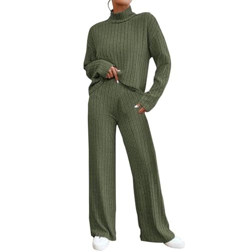 SACFOF Womens Knitted Outfits High Neck Sweater Casual Wide Leg