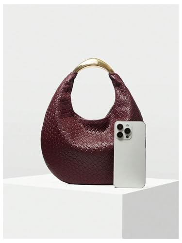 Image of QWINEE Women's Woven Handbag Elegant Clutch Purse Metal Top Handle Cresent Evening Bag Retro PU Leather Clutch Purse