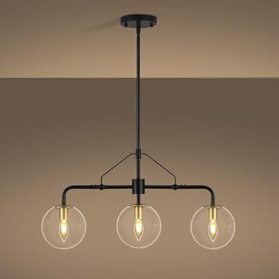 CNRATYE 3-Light Modern Kitchen Island Lighting, Black and Gold Dining Room Chandeliers Over Table Hanging, Industrial Linear Chandelier with Clear Globe Glass Shades