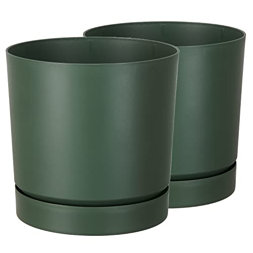Tymar Blumentopf mit Untersetzer, 2er-Pack, dekorativer Pflanzentopf aus Kunststoff, Moderne, Runde Form, für Innenräume (ø 30 cm, (2pack) Grün)