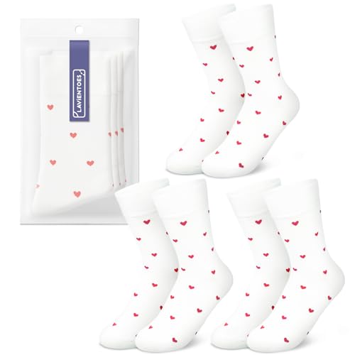 Image of Women's Cute Heart Pattern Crew Socks - 3 Pairs Colorful Novelty Gift Set - Soft Cotton Cozy Socks for Casual Wear