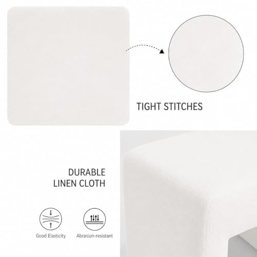 Image of Kundi Modern Boucle Vanity Stool Chair with Wooden Legs - Soft Ottoman Footstool for Makeup Room, Living Room, Entryway & Office (White) (White)