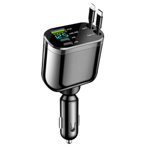 5 en 1 Retráctil Cargador Coche Carga Rápida, 80W Cargador Coche con Cable Retractil y Pantalla de Voltaje, para Vehículos 12/24V, Compatible con Teléfonos Inteligentes, Tabletas, etc.