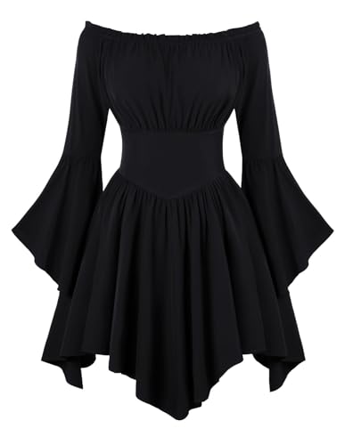 Womens Halloween Pirate Dress Renaissance Costume Ruffle Off Shoulder Bell Sleeve Swing Dress (Black, M)