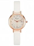 JSDDE Montre Quartz Femme Bracelet Fine Cuir Montres Analogique Quartz Cadran Rond Or Rose Chiffre Arabes avec Date Calendrier Élégant Montre Habillée Boîtier Motif Coeur pour Poignets Fins (Blanc)