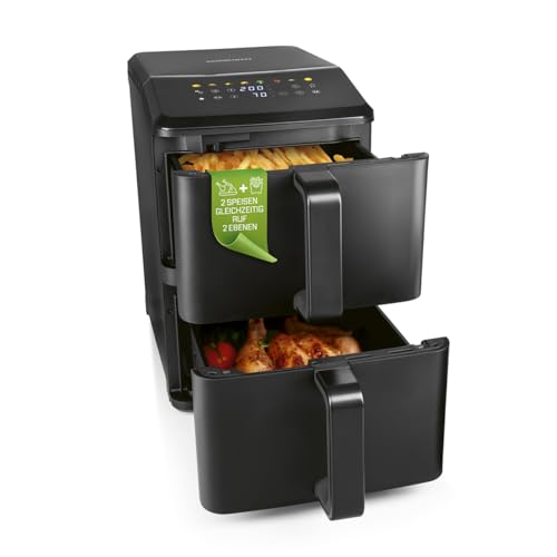 GOURMETmaxx FryUp vertikale Doppelkammer Heißluftfritteuse - 10 L | Airfryer mit 9,8 Zoll Multi-Colour LED-Touchdisplay & 11 Programmen | Heißluftfritteuse 2 Kammern mit Oberhitze