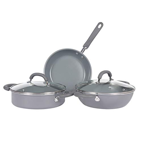 Image of Meyer Anzen Healthy Ceramic Coated Cookware 5-Piece Set - 20cm Frypan + 20cm Kadai with Interchangeable Lid+ 24cm Sauteuse with Lid +