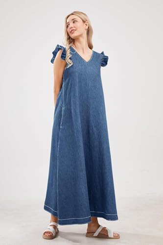 utcoco Womens Long Denim Dress Casual Loose Fit Ruffle Sleeveless V-Neck Jean Maxi Dresses for Women 20253