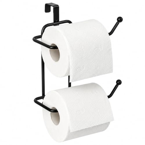 Image of Basicwise Over-the-Side Tank Double Toilet Paper Holder Compact Modern Bathroom Organizer Practical Storage Rack for Extra Rolls Offering Quick & Easy Access for Everyday Use Neat Space Accent, Black