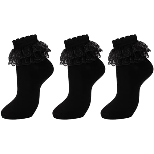NiceBaby 3 Pairs Adult Ruffle Socks for Women, Double Lace Cute Frilly Socks, Women's Cotton Ankle Socks Size 9-11