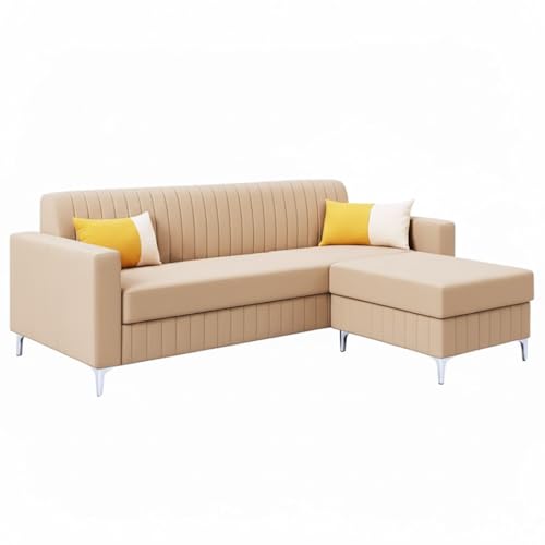 Image of SOCOZI Anton 4 Seater L Shape Sofa Set with Movable Ottoman | Flexible Left or Right Layout | Soft Velvet Suede Fabric | Modern Design | Plush Comfort Cushions for Living Room (Beige)