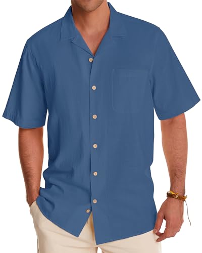 Image of Alimens & Gentle Mens Linen Shirts Cotton Hawaiian Shirts Short Sleeve Button Down Shirts Casual Summer Beach Tops