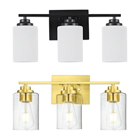 ASLAINY 3-Light Black and Gold Bathroom Vanity Light Fixtures Over Mirror with Glass Shade Cover
