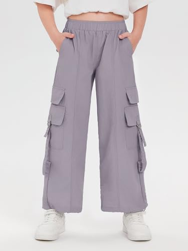 Image of Haloumoning Girls Parachute Pants Kids Wide Leg Cargo Pants Y2K Street Trousers with Pockets 5-14 Years