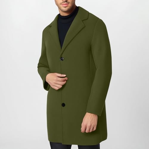 Trench Coat Men Single Breasted Wool Blend Coat Mid Length Pea