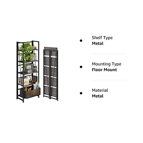 4Nm No-Assembly Folding Bookshelf Storage Shelves 5 Tiers Vintage Bookcase Standing Racks Study Organizer Home Office (Gray And Black) #TOP5