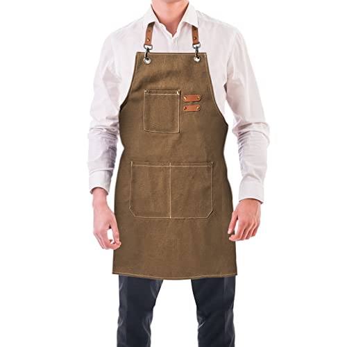 BOOWEN Delantal de Cocina Ajustable Mandiles Lona de Algodón con 3 Bolsillos Grandes Mandil Hombre Resistente al Agua y Antimanchas Delantales para Jardín, Taller, Trabajo (Marrón)