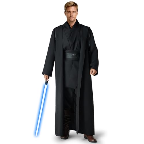 Beeoecm jedi-Kostüm Herren jedi-Robe Herren Set jedis-Outfit Erwachsene jedis-Kleidung Erwachsene mit Blau Lightsaber Kapuzenumhang und Mittelalter Tunika für Halloween Karneval (Schwarz XL)
