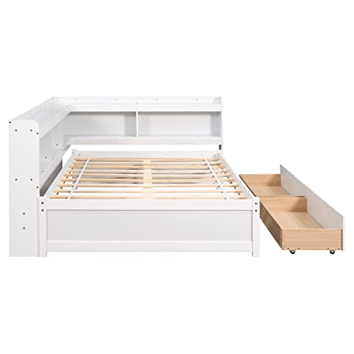 Deinppa Full Size Platform Bed With L-Shaped Bookcase And 2 Drawers, Wooden Captain Bed Frame With Bookcase Headboard For Kids Teens Adult Boys Girls, No Box Spring Needed, White #TOP5