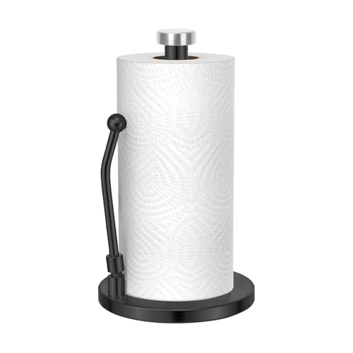 E-ROOM TREND Kitchen Roll Holder/Paper Towel Holder with Spring Arm | Stainless Steel Organizer Dispenser Free Standing with Weighted Base | for Kitchen Barthroom Countertop (ZJ274B) | Matt Black