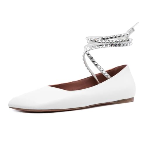 miss left Women Chic Rhinestone Strappy Closed Round Toe Ballet Flats Ankle Strap Comfortable Party Date Casual Shoes Size 4-16 US