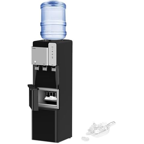 SOOPYK 3-in-1 Water Cooler Dispenser with Built-in Ice Maker, 3 Temperatures with Hot, Room & Cold Spouts, Top Loading for 3 or 5 Gallon, 27LBS per 24H Ice Making, Child Safety Lock, Stainless Steel Cover
