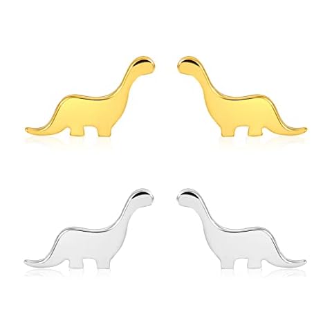 QIHOO 2 Pair Dinosaur Stud Earrings S925 Sterling Silver Dinosaur Animal Mini Earrings for Women Studs Cartilage Tragus Piercing Jewelry (sliver/gold) Cover