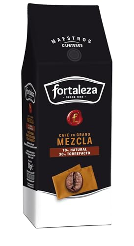 CAFÉ FORTALEZA Café en Grano 1Kg - 70% Tueste Natural y 30% Torrefacto - Café con Matices de Vainilla y Caramelo Intensidad Alta 10/13 - Arábica y Robusta con Sabor Intenso - con Final Persistente
