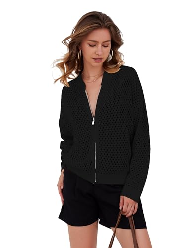 Image of HOCANDY Womens Zip Up Crochet Cardigan Sweater Oversized Long Sleeve Hollow Out Knit Bomber Jacket Fishnet Sweaters