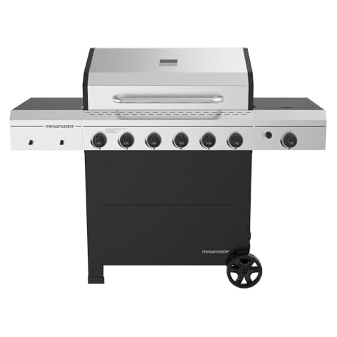 Megamster Premium 6-Burner Propane Grill with Side Burner, 66000BTUs, Outdoor Cooking, Patios, Barbeque, Tongs Included, Black/Silver, 720-0983CTG Cover