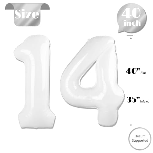 Image of White Number 14 Balloon 40 inch, 14 Number Balloons, 14th White Birthday Decorations 14 Year Old Party Supplies