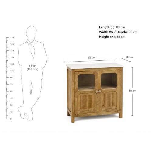 Image of The Attic Crestwood Solid Wood Two Door Sideboard Cabinet with Glass Doors | Storage & Display Cabinet for Living Room & Dining Room | Handcrafted Mango Wood, Light Teak Finish