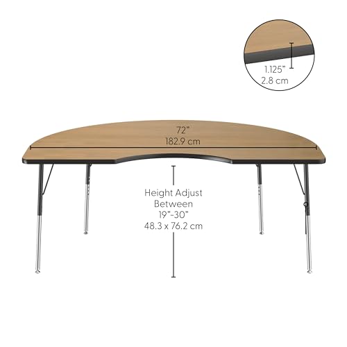Image of FDP Kidney (48 x 72 inch) Collaborative Classroom Table with Adjustable Standard Swivel Glide Legs (19-30 in); School and Office Furniture - Pasadena Oak Top /Black Edge and Legs