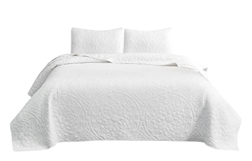 Chezmoi Collection Octavia 3-Piece Floral Medallion Embroidered Bedspread Coverlet Set - All Season Bed Cover Pre-Washed Cotton Quilt Set, Queen Size, White #TOP5
