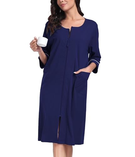 CF Women's 100% Cotton Zipper Robes 3/4 Sleeve Loungewear Knee Length Housecoat Lightweight Zip Up Nightgowns with Pockets
