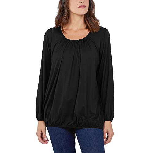 STAR FASHION Women’s Scoop Neck Elastic Waist Long Sleeve Blouse Top Ladies Loose Fit Lined Ruched Neck Batwing Sleeve Pleated Blouse Shirts for Winter Black-20-22