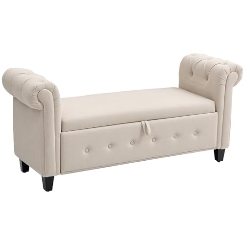 HOMCOM Banco de Almacenamiento Taburete de Almacenaje de Lino con Tapa de Bisagras Patas de Madera y Reposabrazos Enrollados para Dormitorio Salón Pasillo Carga 150 kg 146,5x49x74,5 cm Beige