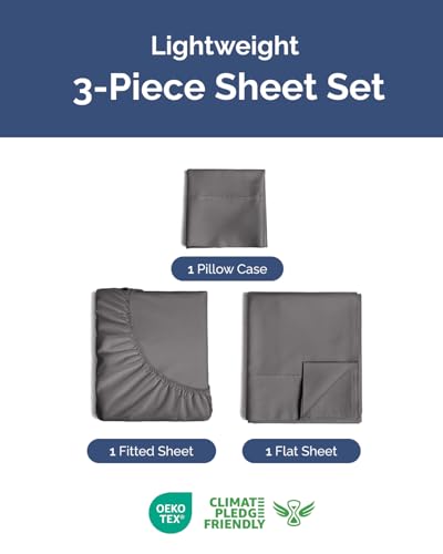 Image of Lightweight 3 Piece Bed Sheet Set Twin Size - Cooling Sheets for Hot Sleepers - Soft Breathable Bedding Set w / 8-16 Inch Deep Pockets - 1 Flat & 1 Fitted & 1 Pillowcase - Wrinkle Resistant - Dark Grey