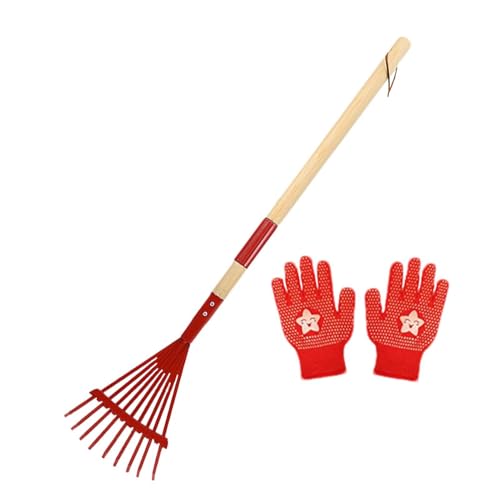 Rastrillo Infantil para Hojas - Mango de Madera de 68 cm y Púas Metálicas con Guantes,Rastrillo Pequeño Infantil | para Jardinería, Camping, Exploración al Aire Libre, Mantenimiento de Césped y