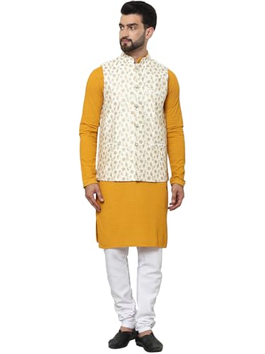 Sojanya (Since 1958 Men's Pure Cotton Mustard Kurta And White Pyjama With Embroidered Cream Nehru Jacket