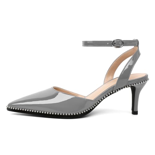 Image of SAMMITOP Kitten Heels for Women Low Heel Closed Toe Ankle Strap Pumps Wedding Party Beaded Dress Shoes 2.4 Inch