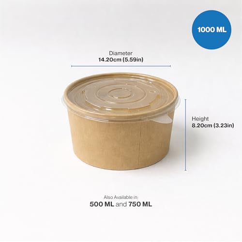 Image of PRASHEEL Living 1000ml Disposable Round Kraft Paper Bowl with Lid | Takeout Containers for Hot /Cold Foods, Salad, Dessert, Soup, Noodles | Leak-Proof, Microwaveable Food Storage Containers, 10 Pack