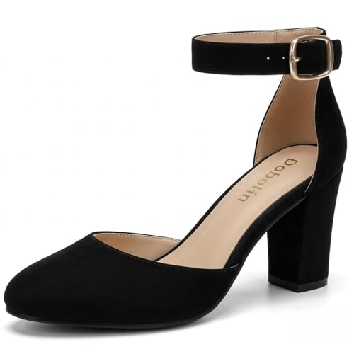 Image of 3 Inch Wide Width Chunky Heels for Women Closed Toe Heels Dress Shoes for Womens Round Pumps Ankle Strap Block Heel Bridesmaid Wedding Prom Party Comfortable (Run Large, Size Half Down)