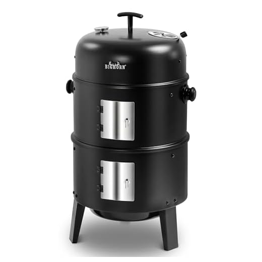 BIG HORN OUTDOORS 16 inch Charcoal Smoker, Vertical BBQ Grill, Heavy Duty 4 In 1 Fire Pit with Built-in Thermometer & Adjustable Vent System for Backyard Patio Camping
