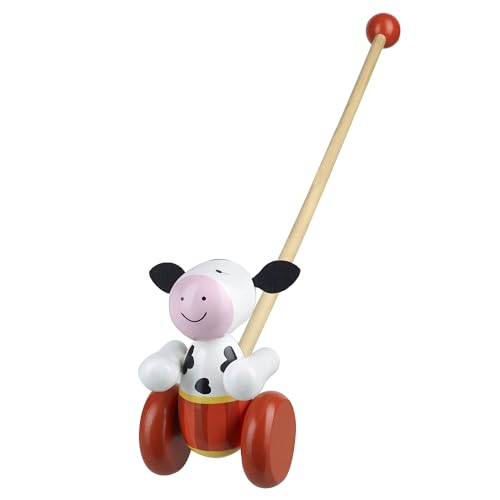 Image of Orange Tree Toys: Push Along: Cow- Wooden Toy, Colorful Wheeled Character w /Handle, Encourage First Steps, Push & Pull, Toddler & Kids, Ages 1+
